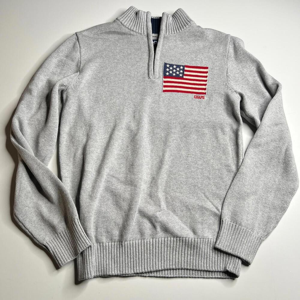 CHAPS Ralph Lauren Men’s USA Flag 1/4 Zip Knit‎ Sweater Gray Size S NEW